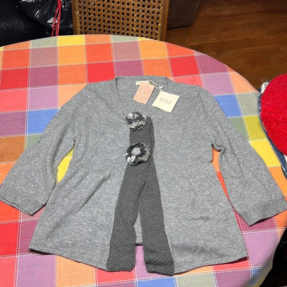 Small Grey Chalet Cardigan with Knit Flower Accent